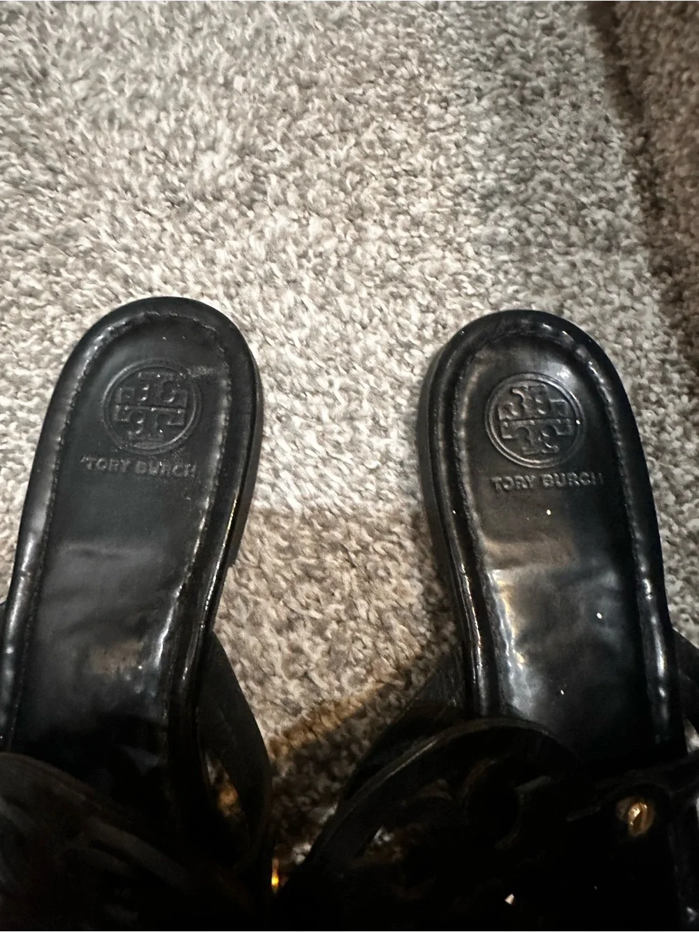 Tory Burch Black Patent Logo-Disc Slide Sandals